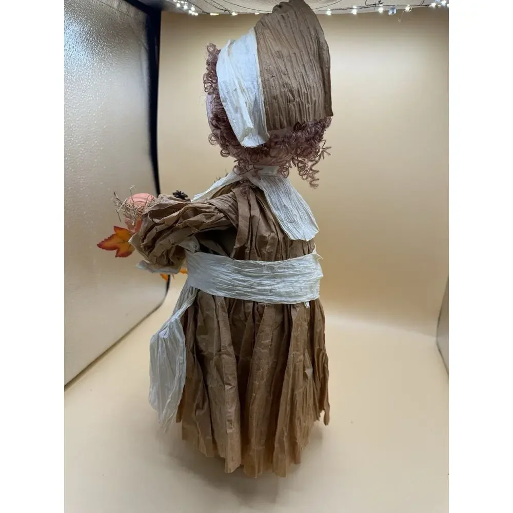 Handmade Crepe Paper Pilgrim Doll Harvest Thanksgiving Folk Art Soda Bottle 17”